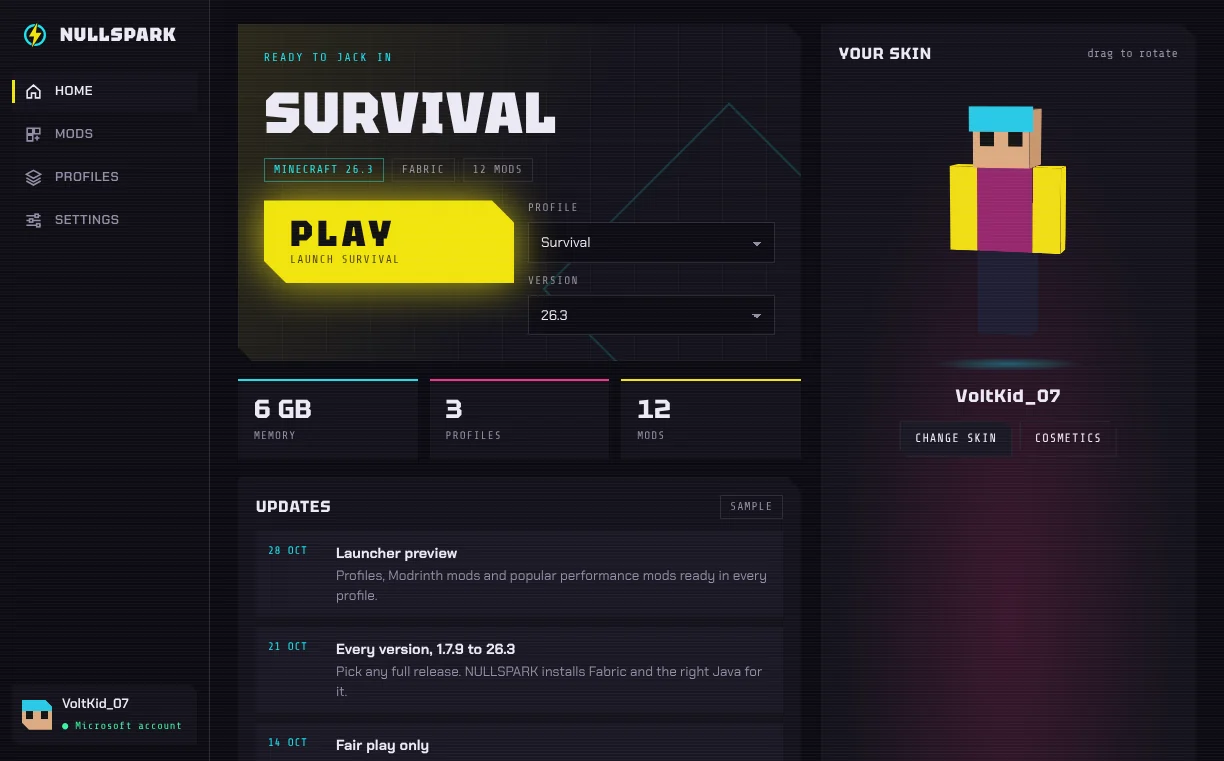 The NULLSPARK home screen: a big yellow PLAY button, profile and version pickers, and a 3D preview of the player's skin
