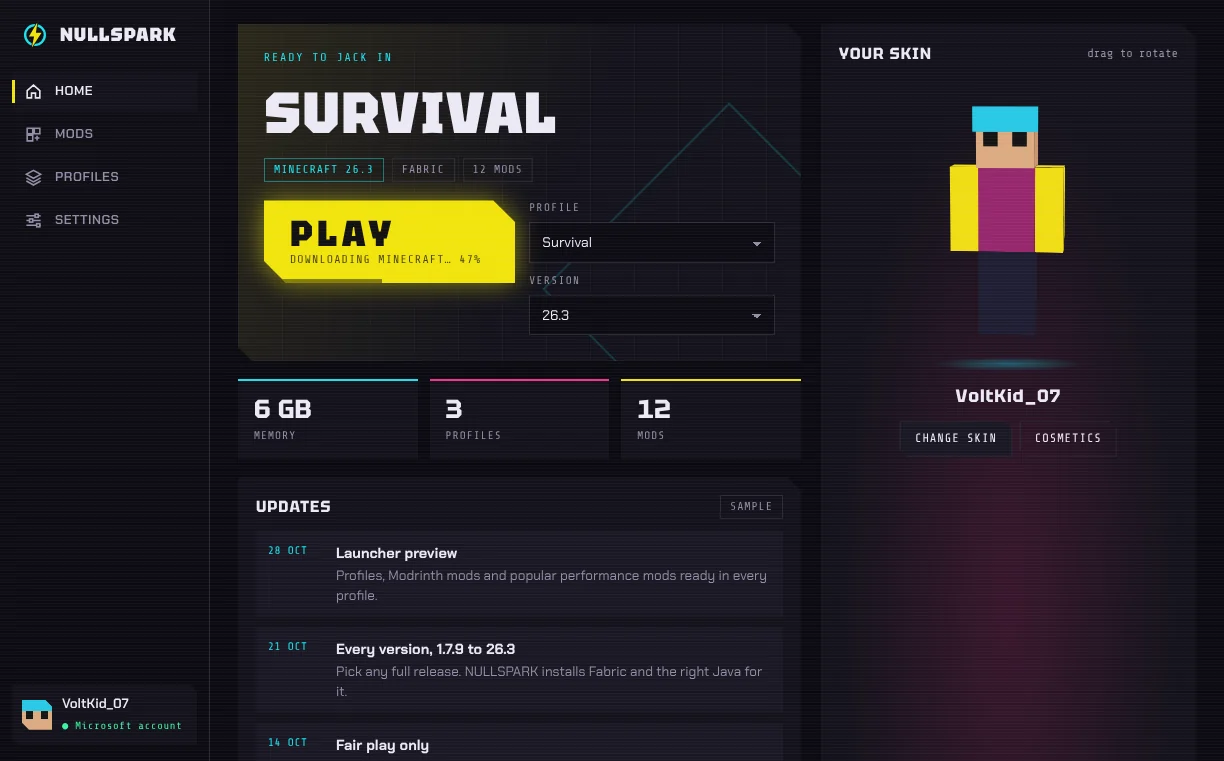 The PLAY button showing progress: Downloading Minecraft, 47 percent