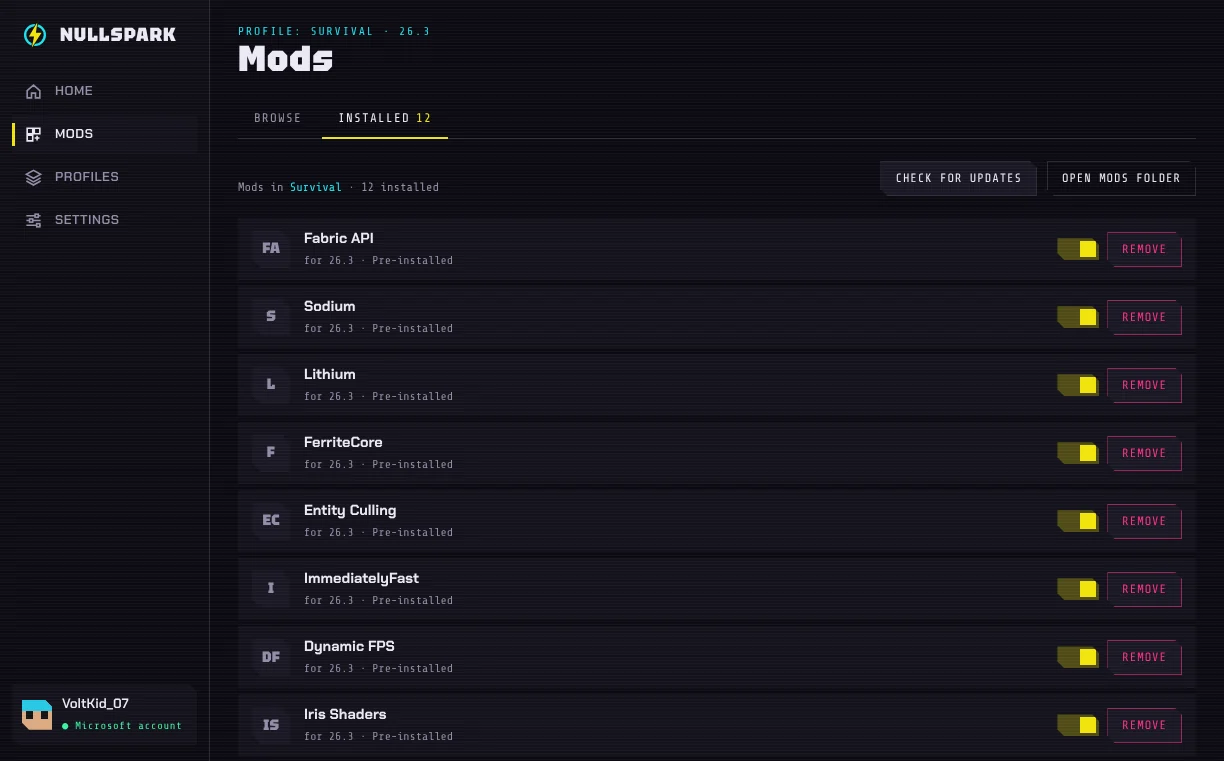 The Installed mods list: Fabric API, Sodium, Lithium, FerriteCore, Entity Culling, ImmediatelyFast, Dynamic FPS and Iris Shaders, each with an on/off switch