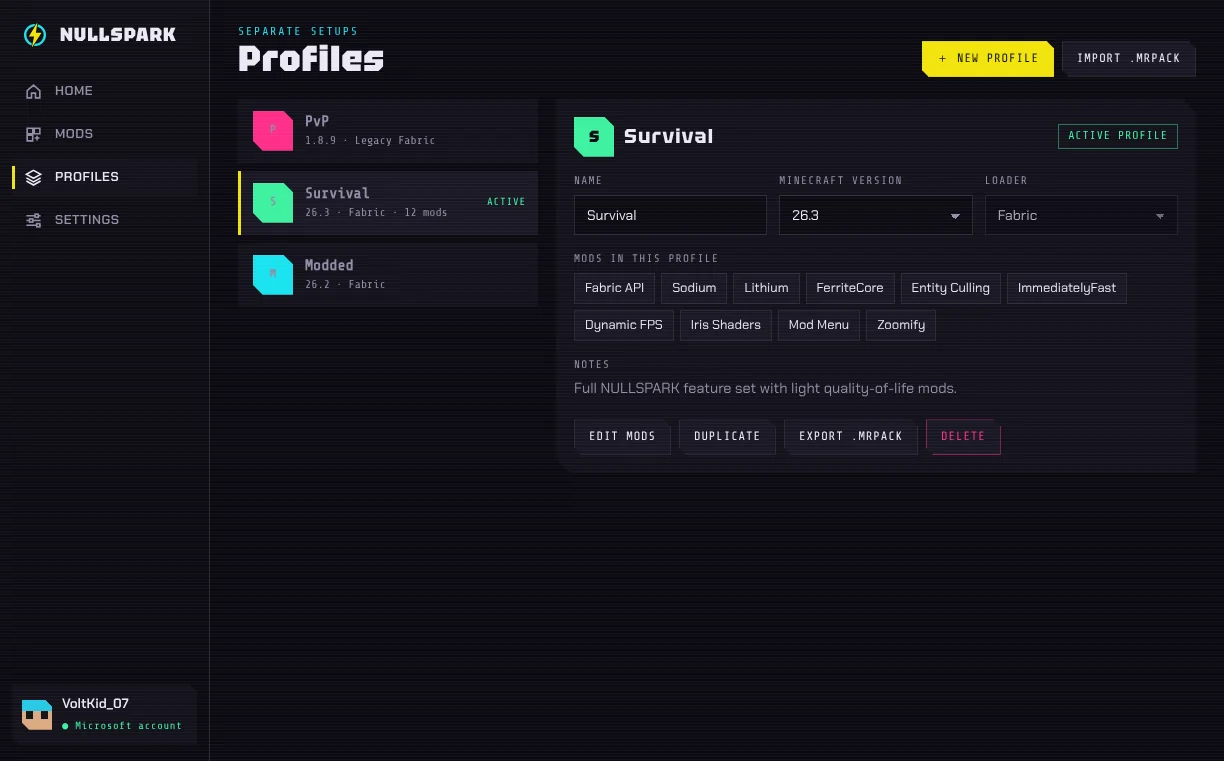 The Profiles screen with PvP on 1.8.9, Survival on 26.3 and Modded on 26.2