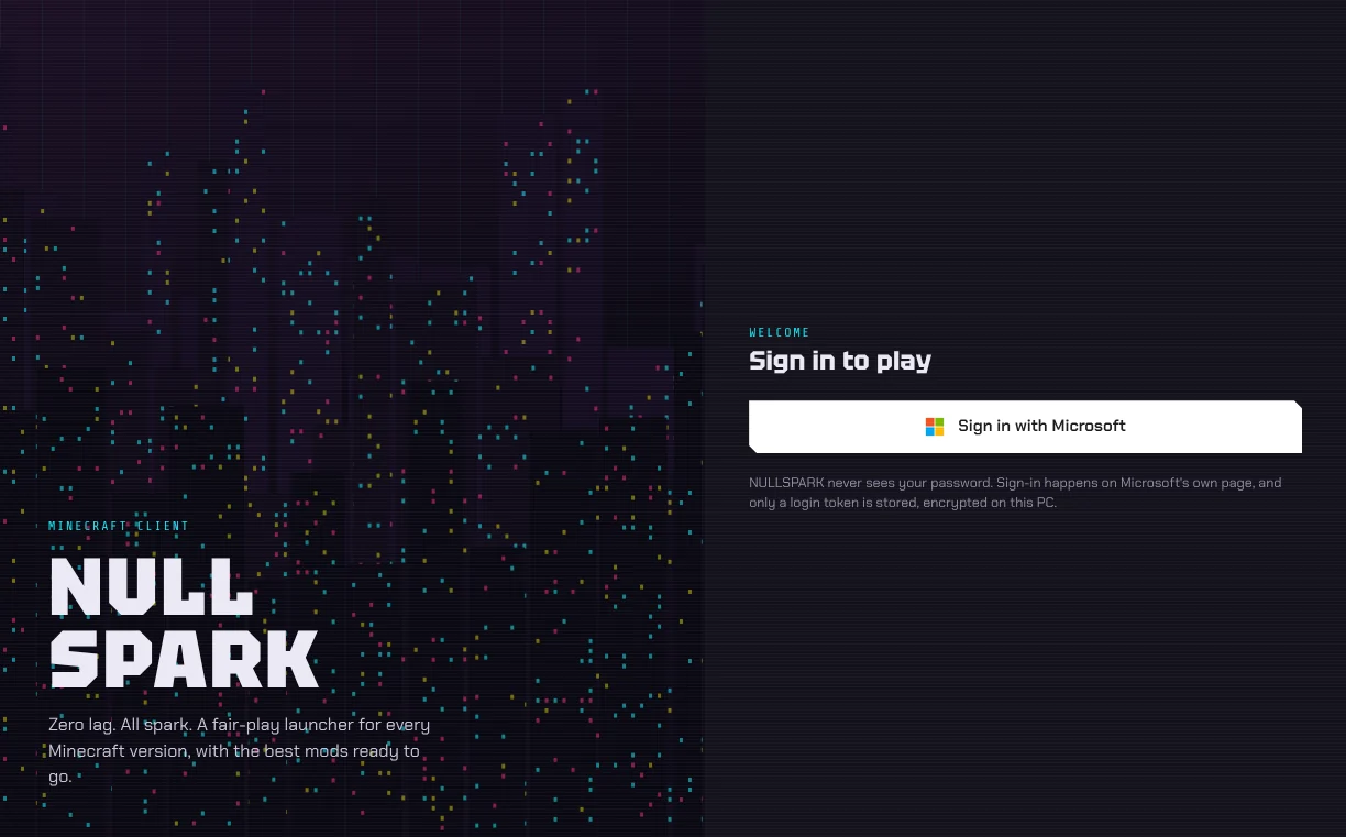 The sign-in screen with a pixel night city and a Sign in with Microsoft button